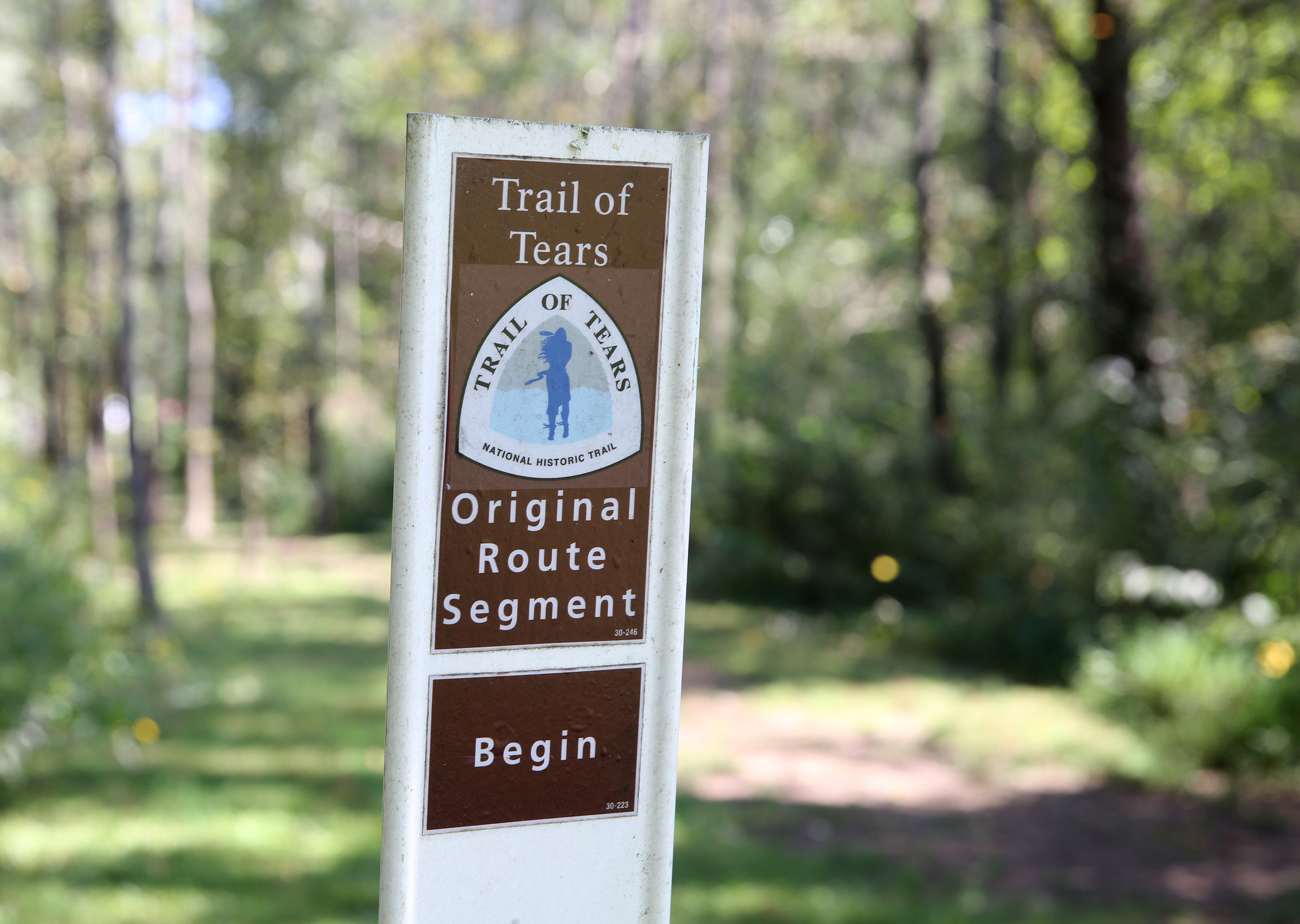 Markers point out segments of the Trail of Tears route Tuesday, Sept. 26, 2017, at Browns Ferry Federal Road Trail in Chattanooga, Tenn. The 0.6 mile trail was part of the route leading to the Brown's Ferry river crossing on Moccasin Bend for the forced removal of Cherokee and Creek Indians to what was then Indian Territory.
