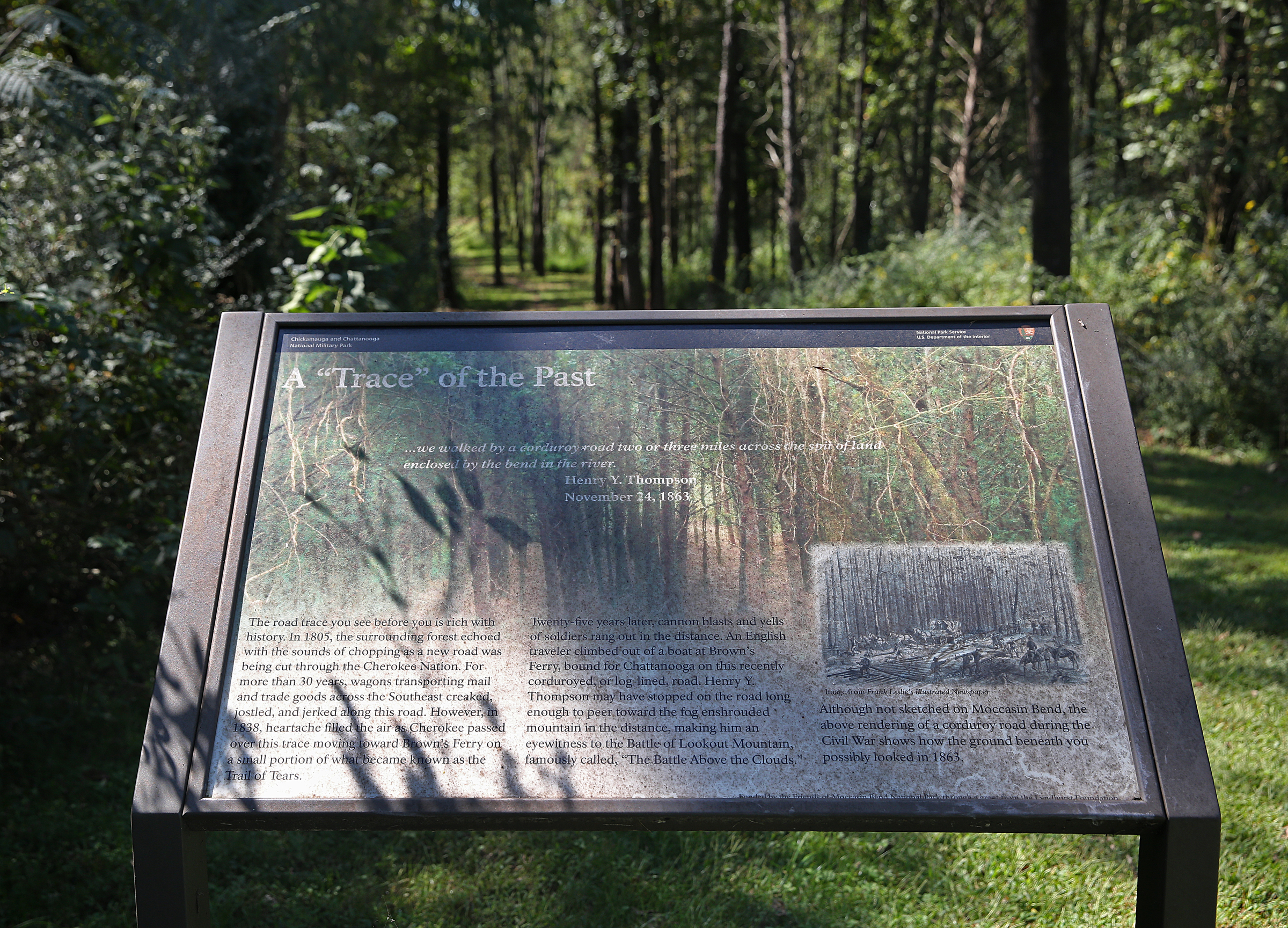 Signage with historical information is place sporadically throughout the 0.6-mile Browns Ferry Federal Road Trail in Chattanooga, Tenn., Tuesday, Sept. 26, 2017. A general management plan thatճ been in the works for decades to overhaul the Moccasin Bend National Archeological District received final approval earlier this month.