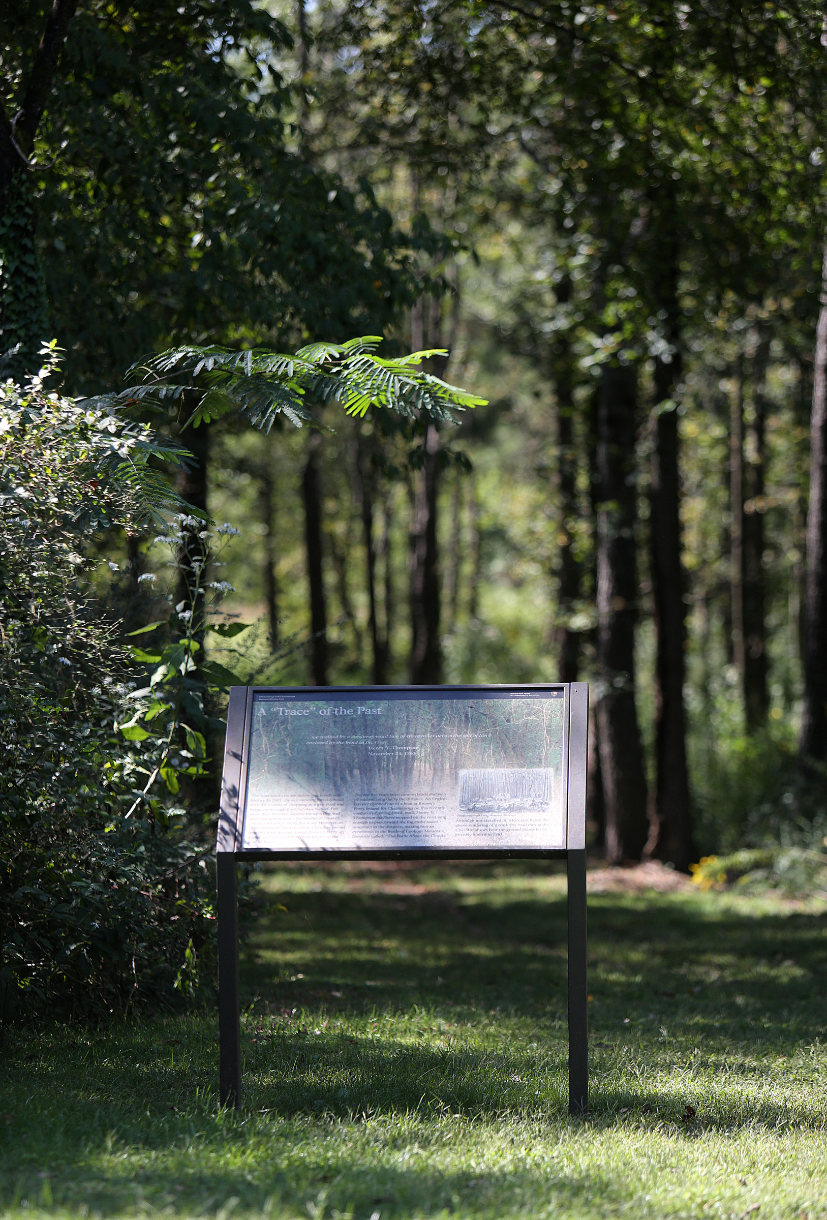 Signage with historical information is place sporadically throughout the 0.6-mile Browns Ferry Federal Road Trail in Chattanooga, Tenn., Tuesday, Sept. 26, 2017. A general management plan thatճ been in the works for decades to overhaul the Moccasin Bend National Archeological District received final approval earlier this month.