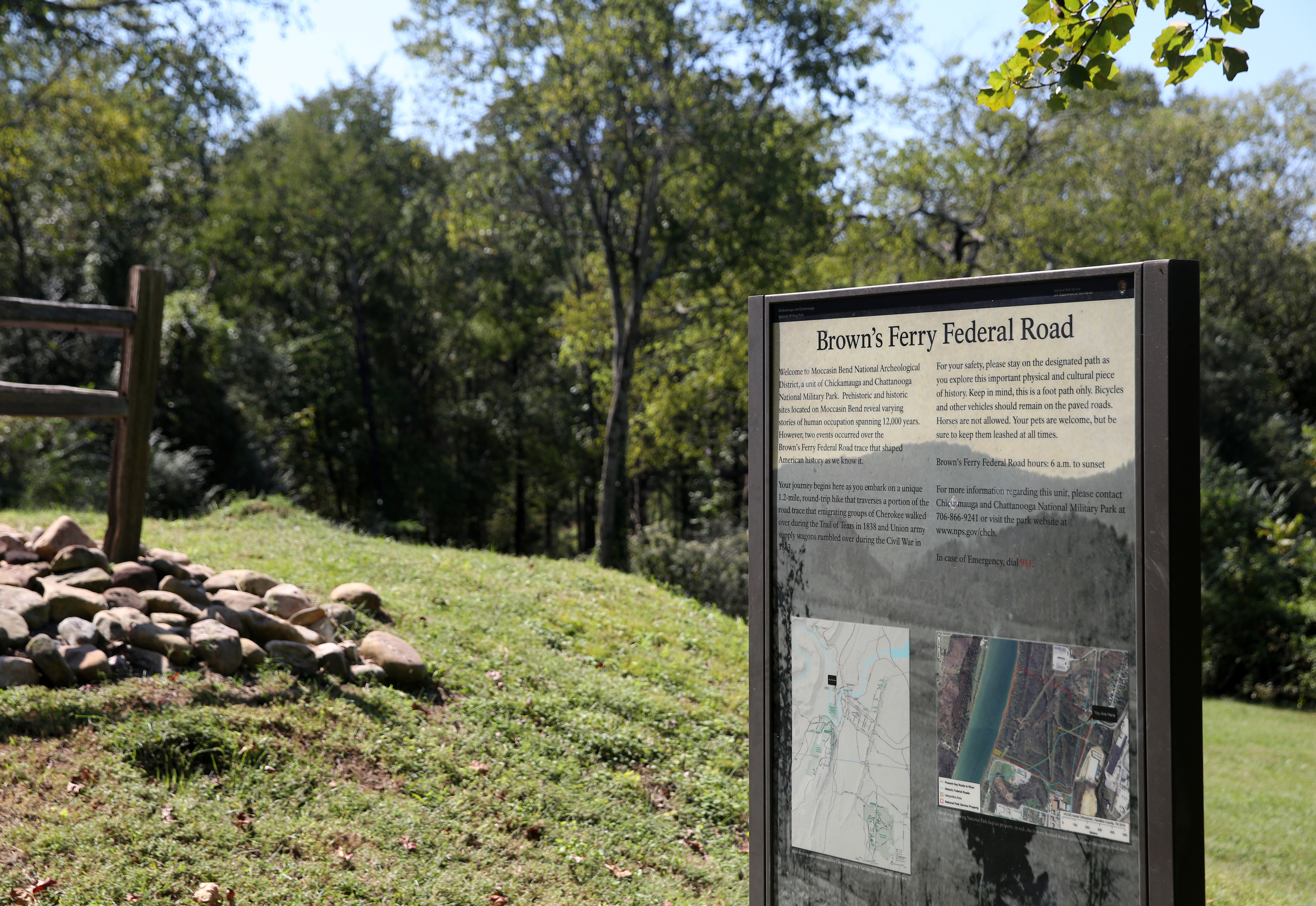 Signage with historical information is place sporadically throughout the 0.6-mile Browns Ferry Federal Road Trail in Chattanooga, Tenn., Tuesday, Sept. 26, 2017. A general management plan thatճ been in the works for decades to overhaul the Moccasin Bend National Archeological District received final approval earlier this month.