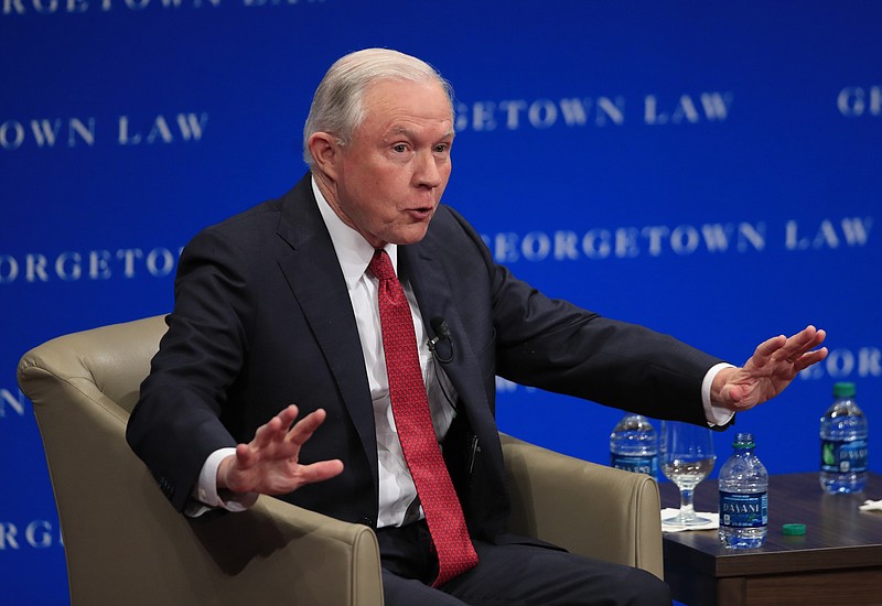 
              Attorney General Jeff Sessions speaks about free speech at the Georgetown University Law Center in Washington, Tuesday, Sept. 26, 2017.  Sessions says the U.S. Justice Department will intervene on behalf of people who sue colleges claiming their free speech rights were violated.(AP Photo/Manuel Balce Ceneta)
            