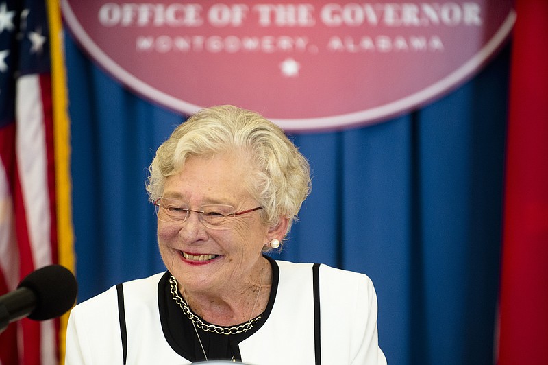 FILE - In this July 20, 2017, file photo, Alabama Gov. Kay Ivey speaks during a press conference held on her 101st day as governor in Montgomery, Ala. Ivey on Thursday, Sept. 7, 2017. announced that she is running for governor in 2018, seeking the office that she was catapulted to five months ago when her predecessor resigned in a cloud of scandal. (Albert Cesare/The Montgomery Advertiser via AP, File)