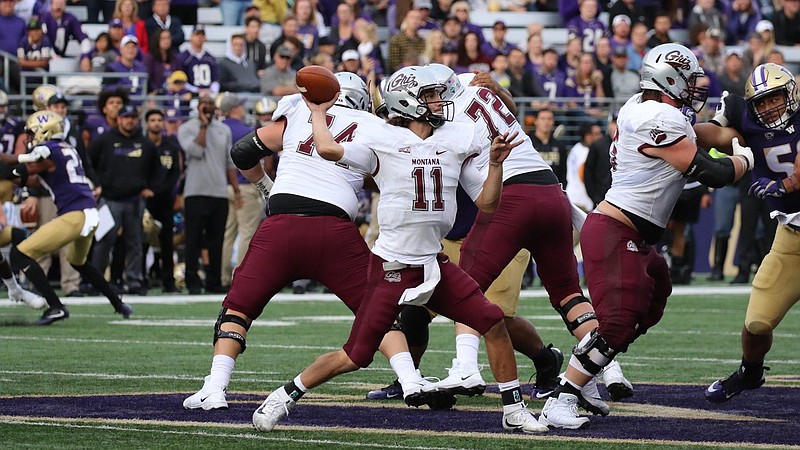 Former Signal Mountain quarterback Reese Phillips looks for a receiver earlier this month in Montana's game at Washington.