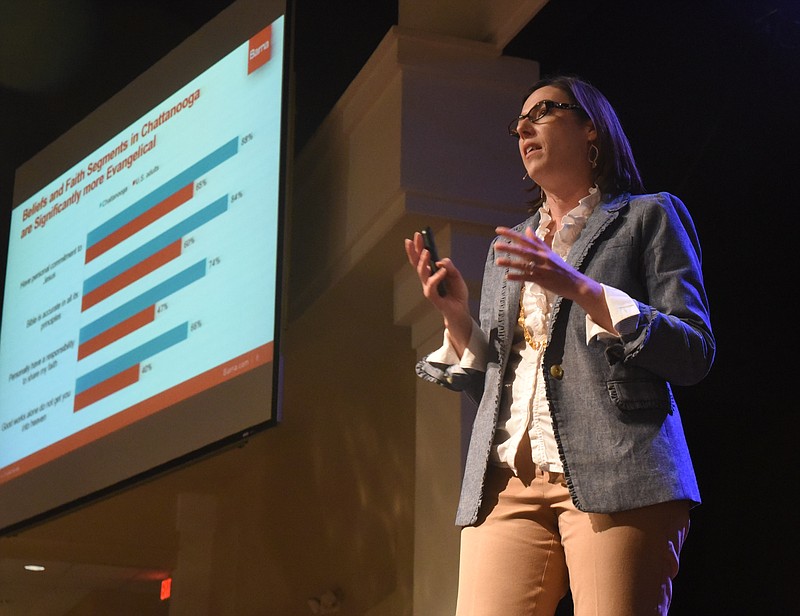 Brooke Hempell, senior vice president at Barna Research, talks to local pastors and compares Chattanooga with the nation on beliefs and faith practices Wednesday at Brainerd Baptist Church. 