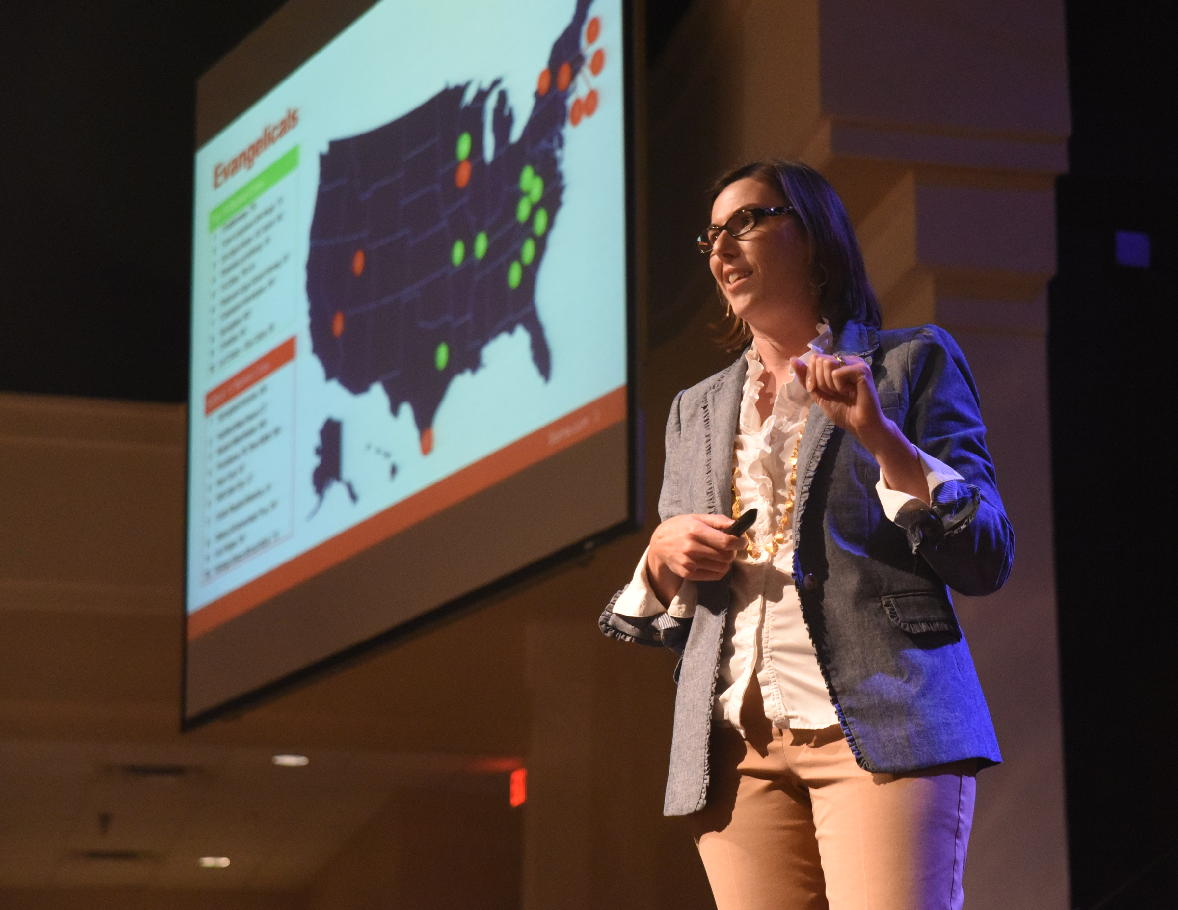 Brooke Hempell, senior vice president at Barna Research, talks about Evangelicals to local pastors Wednesday during a PowerPoint presentation at the Brainerd Baptist Church.