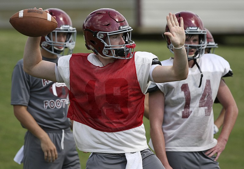 Southeast Whitfield quarterback Porter Johnson, with ball, has thrown 16 touchdown passes while helping the Raiders to a 5-0 start. Tonight the Raiders visit Heritage, also 5-0, for a Region 6-AAAA game.