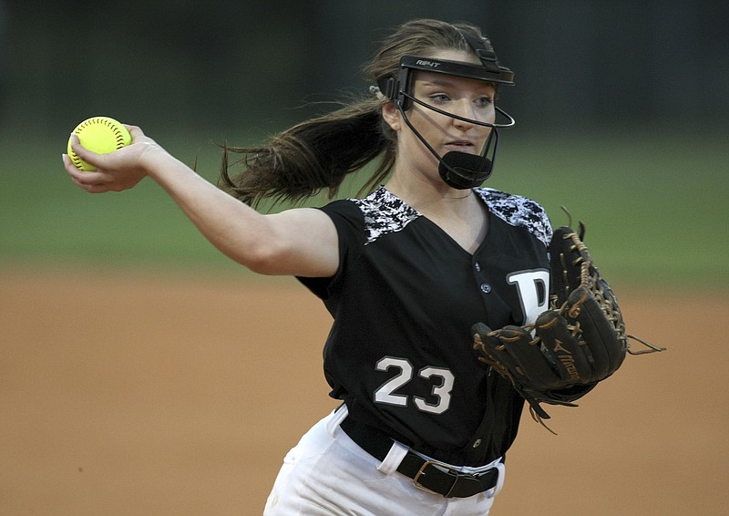 Ridgeland sophomore pitcher Hailey Carroll throws to first base for an out during Thursday's home game against Northwest Whitfield. Carroll allowed just two runners past first base to lead the Lady Panthers to a 6-0 victory.