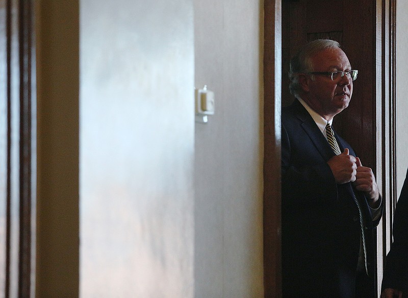LaFayette attorney Larry Hill stands in an office after pleading guilty to charges of attempting to suborn perjury and influencing a witness doing a hearing at the Walker County Superior Court in LaFayette, Ga., Monday, Sept. 25, 2017. After the hearing, Hill turned himself in to the Walker County Jail, where he will serve 90 days. (Staff Photo by Erin O. Smith)