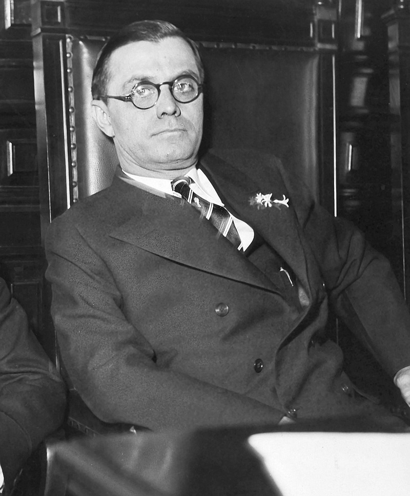 FILE- This file photo from 1933 shows Georgia Gov. Eugene Talmadge in Atlanta. A populist Democrat who stoked fierce loyalty among rural whites in the 1930s and '40s, Gov. Talmadge unflinchingly defended segregation in Georgia. Now city officials in Savannah plan to vote on a resolution urging state lawmakers to remove Talmadge's name from the towering suspension bridge that spans the Savannah River. (AP Photo)