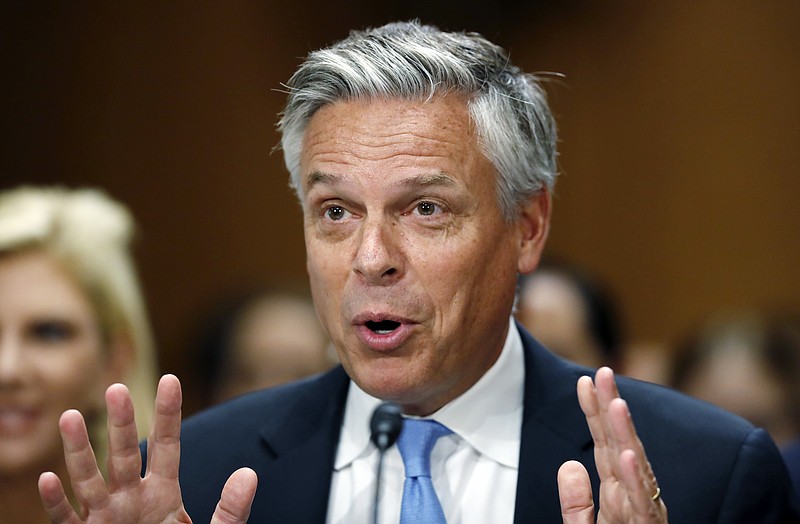 
              In this Sept. 19, 2017, photo, Jon Huntsman testifies during a hearing of the Senate Foreign Relations Committee on his nomination to become the U.S. ambassador to Russia, on Capitol Hill in Washington. The Senate confirmed the nomination of Huntsman to serve as U.S. ambassador to Russia. Senators approved his selection by voice vote on Sept. 28. (AP Photo/Alex Brandon, File)
            