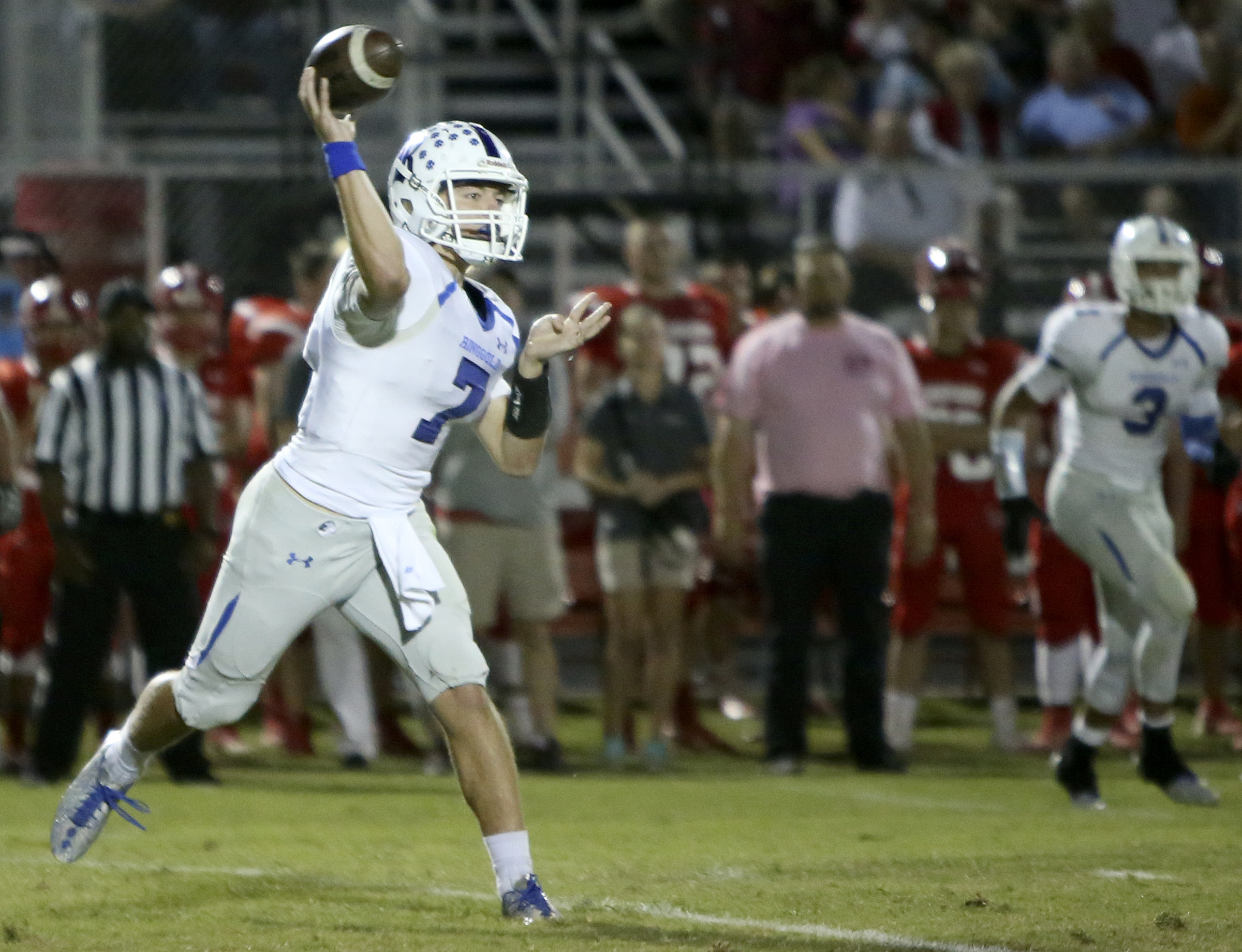 Ringgold's Cole Shley (7) throws a pass against Lakeview-Fort Oglethorpe at Lakeview-Fort Oglethorpe High School's Tommy Cash Stadium on Friday, Sept. 29, in Fort Oglethorpe, Ga.