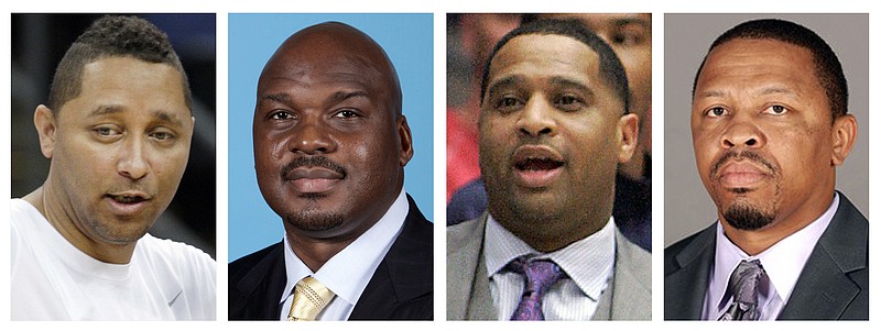 These file photos show assistant basketball coaches, from left, Tony Bland, Chuck Person, Emanuel Richardson and Lamont Evans. The four were identified in court papers and are among 10 people facing federal charges in Manhattan federal court, Tuesday, Sept. 26, 2017, in a wide probe of fraud and corruption in the NCAA, authorities said. (AP Photo/File)