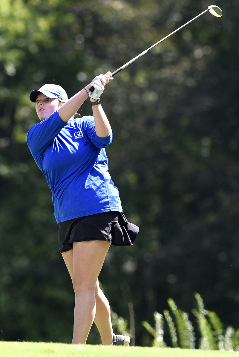 GPS golfer Hannah Prescott, shown competing in the City Prep tournament, has teamed with senior classmante McKenzie Frizzell to form a formidable duo. The Bruisers will seek a state tournament berth today in the Division II-AA East/Middle Region tournament.
