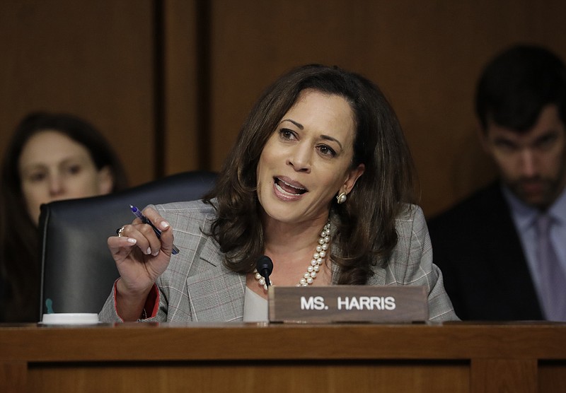 In a Tuesday, June 13, 2017 file photo, Sen. Kamala Harris, D-Calif., questions Attorney General Jeff Sessions testifies before the Senate Select Committee on Intelligence about his role in the firing of FBI Director James Comey, on Capitol Hill in Washington. Harris on Sunday, Oct. 1, 2017, spoke at First Congregational Church of Atlanta as the congregation celebrated the 150th anniversary of its founding by freed former slaves. (AP Photo/J. Scott Applewhite, File)