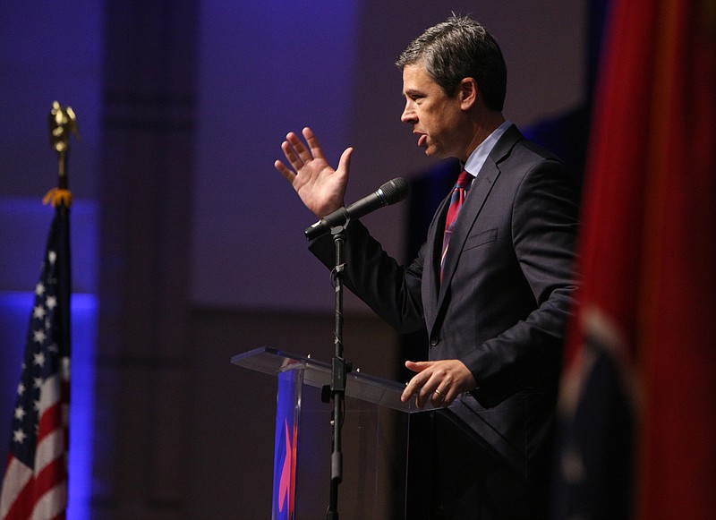 Chattanooga Mayor Andy Berke speaks Wednesday, Aug. 23, 2017, during the annual Chattanooga Chamber of Commerce meeting at the Chattanooga Convention Center.