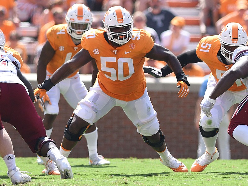 Tennessee's Venzell Boulware (50) prepares to block on the play. The University of Massachusetts Minutemen visited the University of Tennessee Volunteers in NCAA football action in Knoxville on Sept. 23, 2017.