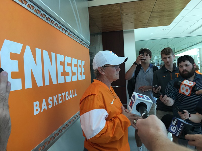 
Tennessee women's basketball coach Holly Warlick talks with media on Tuesday before her team's first official practice of the 2017-18 season.