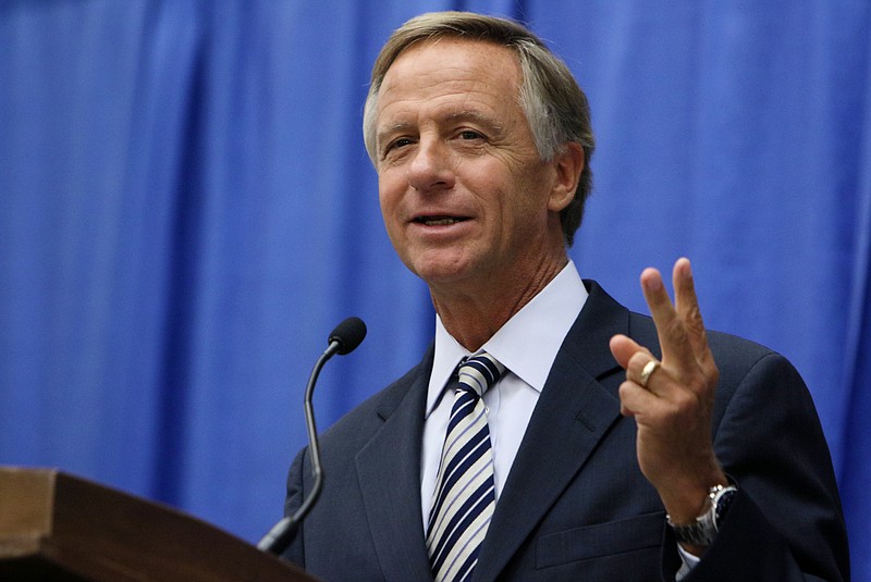 Gov. Bill Haslam speaks during the Chattanooga Rotary Club meeting Thursday, Aug. 24, 2017, at the Chattanooga Convention Center in Chattanooga, Tenn. Haslam will address a Senate health committee next month looking into health care reform. 