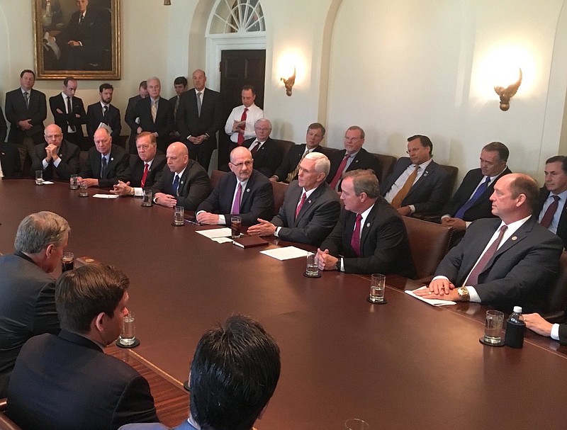 File — This roomful of men — no women — met with Trump and Vice President Mike Pence in March to determine the fate of maternity coverage in health care plans. Those guys were members of the House Freedom Caucus telling POTUS that they wanted the GOP health care bill to no longer require insurance companies to offer maternity care in all health plans.