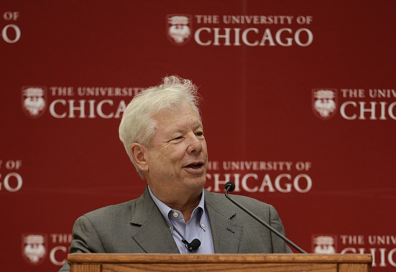 University of Chicago professor Richard Thaler speaks during a news conference after winning the Nobel economics prize Monday, Oct. 9, 2017, in Chicago. Thaler won for documenting the way people’s behavior doesn’t conform to economic models. As one of the founders of behavioral economics, he has helped change the way economists look at the world. (AP Photo/Paul Beaty)