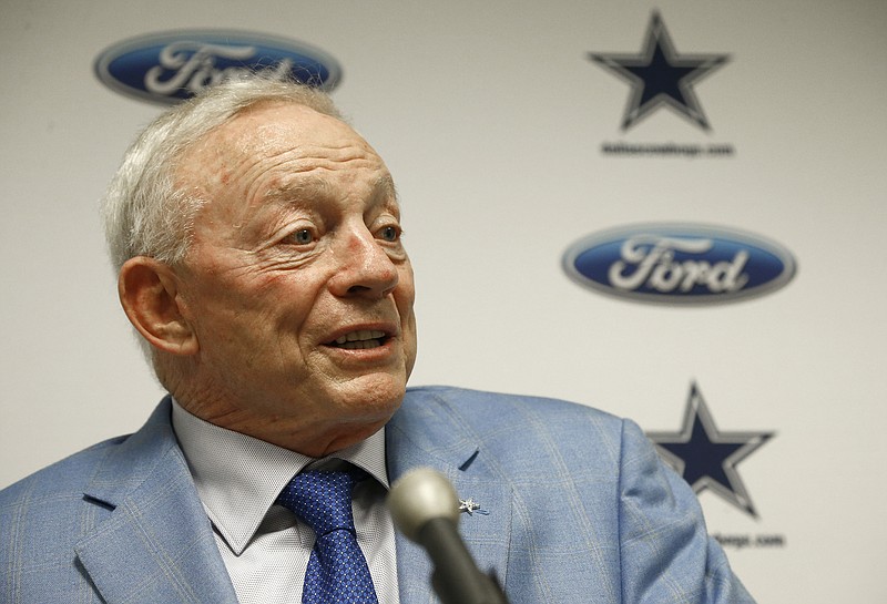 
              FILE - In this Sept. 25, 2017, file photo, Dallas Cowboys owner Jerry Jones speaks after an NFL football game against the Arizona Cardinals, in Glendale, Ariz. Dallas owner Jerry Jones said the NFL can't leave the impression that it tolerates players disrespecting the flag and that any of his Cowboys making such displays won't play. (AP Photo/Ross D. Franklin, File)
            