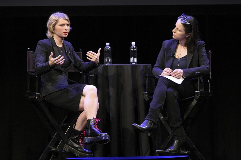 
              In this photo provided by The New Yorker, Chelsea Manning, left, speaks to New Yorker writer Larissa MacFarquhar during an appearance at the New Yorker Festival on Sunday, Oct. 8, 2017, in New York. Manning appeared before a largely sympathetic crowd at the annual festival, where she spoke about her life, her views, her transition to a transgender woman, and the circumstances surrounding her leaking of thousands of classified documents to WikiLeaks. (Patrick Butler/The New Yorker via AP)
            