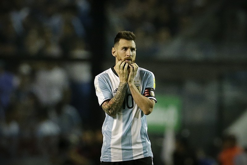 
              Argentina's Lionel Messi reacts during a World Cup qualifying soccer match against Peru at La Bombonera stadium in Buenos Aires, Argentina, Thursday, Oct. 5, 2017. Argentina tied the match 0-0 and is almost eliminated from the upcoming World Cup in Russia. (AP Photo/Victor R. Caivano)
            