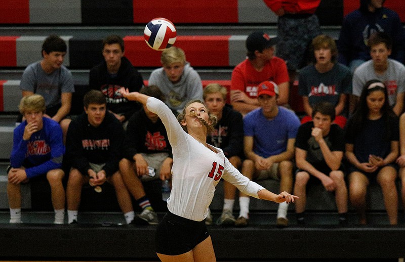 Signal Mountain's Olivia Powers spikes the ball during their Region 4-AA volleyball match against Livingston Academy at Signal Mountain High School on Tuesday, Oct. 10, 2017, in Signal Mountain, Tenn.