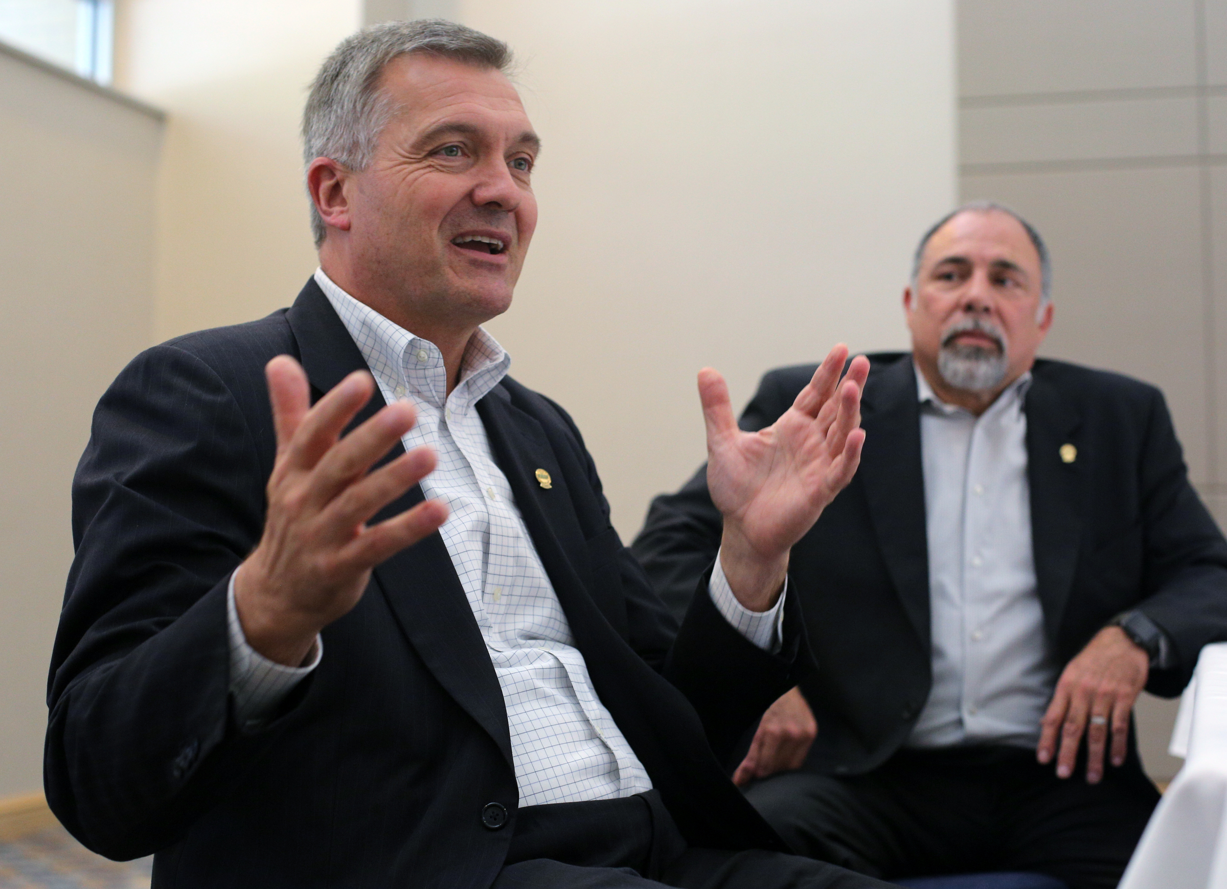Jim Matheson, CEO of the National Rural Electric Cooperative Association, and David Callis, president of the Tennessee Electric Coop Association, speak about broadband access in rural areas at the Chattanooga Convention Center Wednesday, Oct. 11, 2017, in Chattanooga, Tenn.