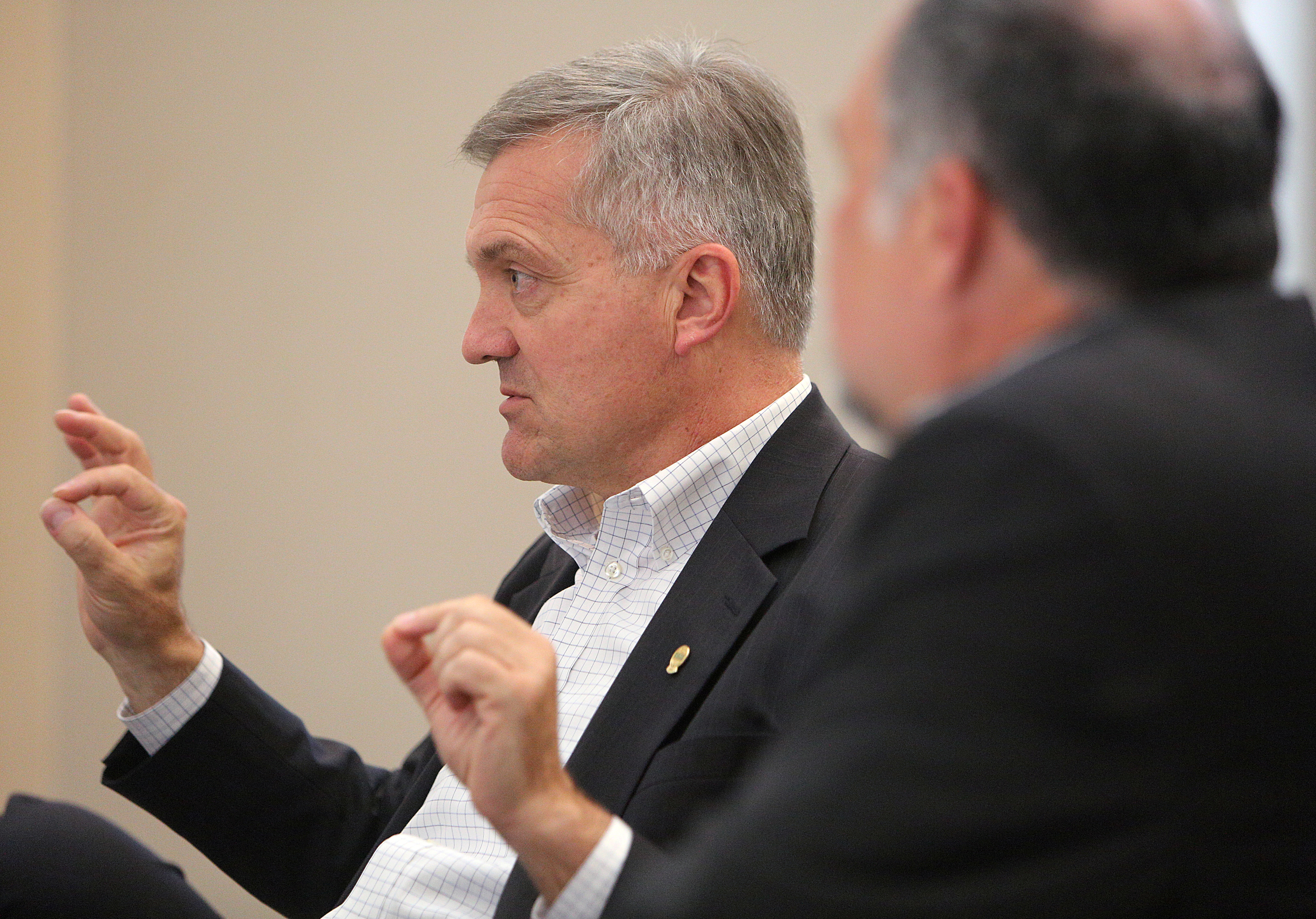 Jim Matheson, CEO of the National Rural Electric Cooperative Association, speaks about cooperatives located in different states at the Chattanooga Convention Center Wednesday, Oct. 11, 2017, in Chattanooga, Tenn.
