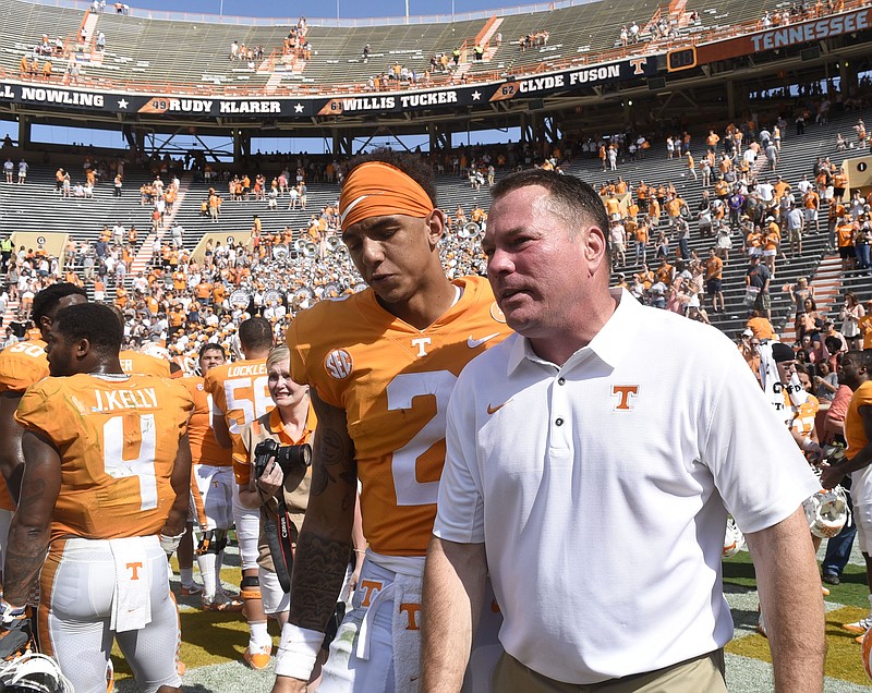 Tennessee football coach Butch Jones said Jarrett Guarantano, left, will start at quarterback Saturday when the Vols host South Carolina at Neyland Stadium. Guarantano has appeared in three games this season in relief of junior Quinten Dormady, but now the redshirt freshman is being counted on to lead from the beginning.