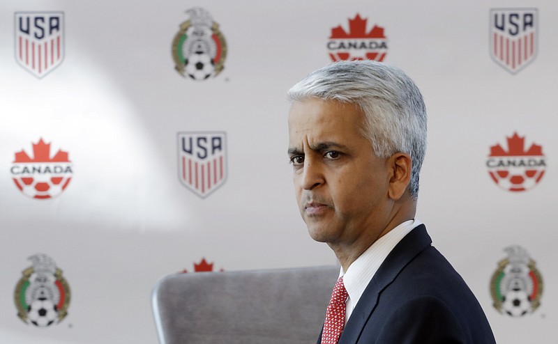 
              FILE - In this April 10, 2017, file photo, Sunil Gulati, President of the United States Soccer Federation, attends a news conference in New York.A  bumbling, stumbling, tumbling qualification campaign ended with a 2-1 loss to an already eliminated Caribbean nation. Now comes the fallout, which almost surely will lead to a new coach and possibly to a new head of the U.S. Soccer Federation. (AP Photo/Mark Lennihan, File)
            