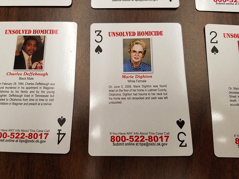 
              Playing cards featuring unsolved and unidentified homicides or missing person cases are displayed at Oklahoma State Bureau of Investigation headquarters in Oklahoma City, Wednesday, Oct. 11, 2017. Oklahoma State Bureau of Investigation Director and Oklahoma Department of Correction Director have joined to sell the playing cards to the state prison inmates.  (AP Photo/Ken Miller)
            