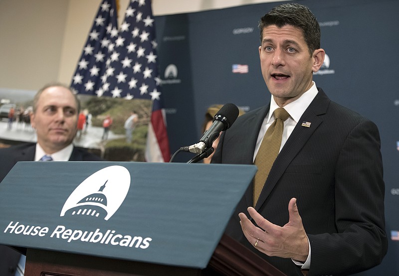 
              Speaker of the House Paul Ryan, R-Wis., joined at left by House Majority Whip Steve Scalise, R-La., offers his advice in the escalating feud between President Donald Trump and Republican Sen. Bob Corker: "Talk it out among yourselves," during a news conference at the Capitol in Washington, Wednesday, Oct. 11, 2017. (AP Photo/J. Scott Applewhite)
            