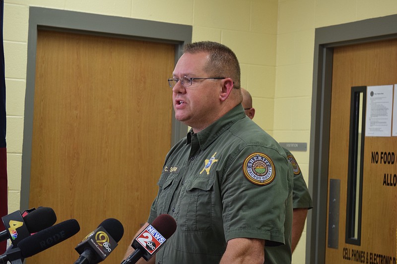 Grundy County Sheriff Clint Shrum speaks to media on Thursday, Oct. 12, 2017, at the Grundy County Sheriff's Office in Altamont, Tenn., on an investigation into a "hazing" incident that happened Wednesday at Grundy County High School's football field house.