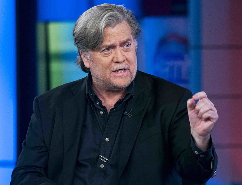 
              In this Oct. 9, 2017, photo, former White House strategist Steve Bannon speaks during a television interview in New York. Bannon is the latest politico touched by the widening tentacles of the Harvey Weinstein sex abuse scandal. Bannon, whose website has hammered Democrats for accepting Weinstein’s political donations, himself profited off a relationship with the movie mogul, in an ill-fated joint venture more than a decade ago. (AP Photo/Craig Ruttle)
            