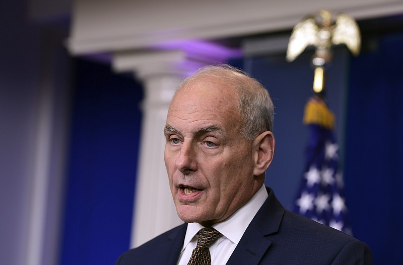 
              White House Chief of Staff John Kelly speaks during the daily briefing at the White House in Washington, Thursday, Oct. 12, 2017. Kelly insisted he's not quitting or being fired — for now. "Unless things change, I'm not quitting, I'm not getting fired and I don't think I'll fire anyone tomorrow," the retired Marine Corps general and former secretary of homeland security told reporters at the daily White House briefing. (AP Photo/Susan Walsh)
            