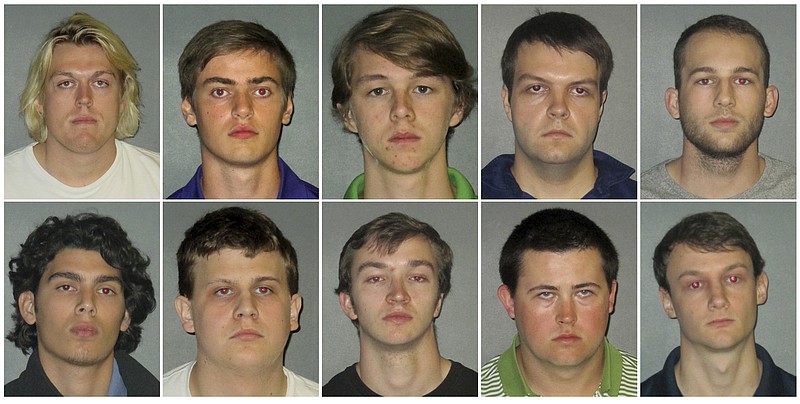 
              This combination of undated images shows from top row left to right: Sean Paul Gott, Ryan Isto, Sean Pennison, Elliot Eaton, Nicholas Taulli, and bottom row from left to right, Zachary Castillo, Hudson Kirkpatrick, Zachary Hall, Patrick Forde, and Matthew Naquin. Multiple people were arrested Wednesday, Oct. 11, 2017,  on hazing charges in the death of Maxwell Gruver, a Louisiana State University fraternity pledge whose blood-alcohol content level was more than six times the legal limit for driving, officials said.   Naquin also faces a negligent homicide charge. (East Baton Rouge Parish Sheriff's Office via AP)
            