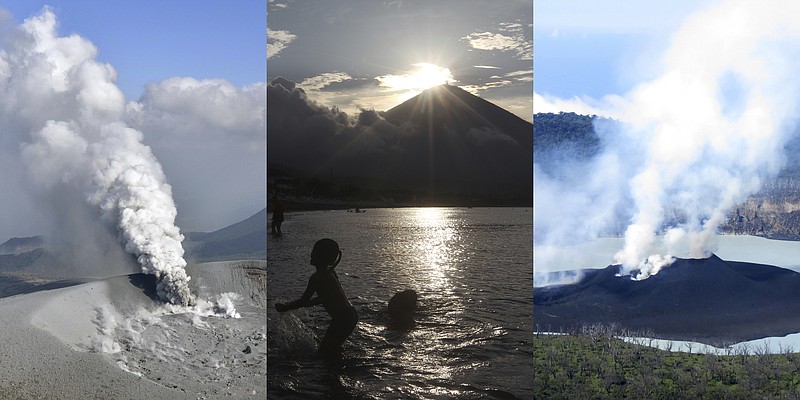 
              In this combination of photos, from left to right: Shinmoedake volcano in southwestern Japan on Oct. 12, 2017; Mount Agung in Bali on Oct. 8, 2017; Manaro volcano on Vanuatu on Oct. 1, 2017. The horse shoe shaped string of active volcanos bounding the Pacific Ocean has lived up to its "Ring of Fire" calling card in the past month, sparking mass evacuations in Indonesia and Vanuatu and now setting parts of south-western Japan on edge. The 450 or so volcanos that make up the Ring of Fire are an outline of where the massive Pacific Plate is grinding against other plates that make up the earth's crust, creating a 40,000 kilometer-long (25,000 mile) zone prone to frequent earthquakes and eruptions. (Kyodo, Vanuatu Meteorological and GeoHazards Department via AP)
            