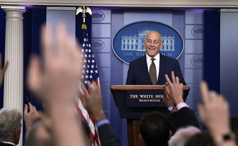 
              White House Chief of Staff John Kelly decides which reporter to call on during the daily press briefing at the White House in Washington, Thursday, Oct. 12, 2017. (AP Photo/Susan Walsh)
            