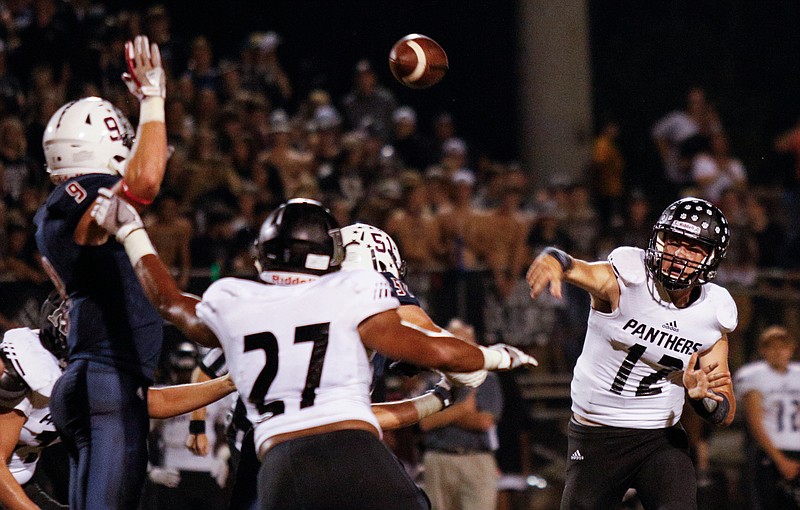 Ridgeland quarterback Tanner Hill passes during their prep football game against Heritage at Heritage High School on Friday, Oct. 13, 2017, in Ringgold, Ga.