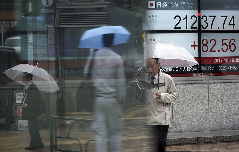 
              People walk past an electronic stock board showing Japan's Nikkei 225 index at a securities firm in Tokyo Monday, Oct. 16, 2017. Shares rose in Asia on Monday after leaders of global finance appealed at a weekend meeting of the International Monetary Fund for a continuation of low-interest rate policies to keep economic recoveries on track. (AP Photo/Eugene Hoshiko)
            