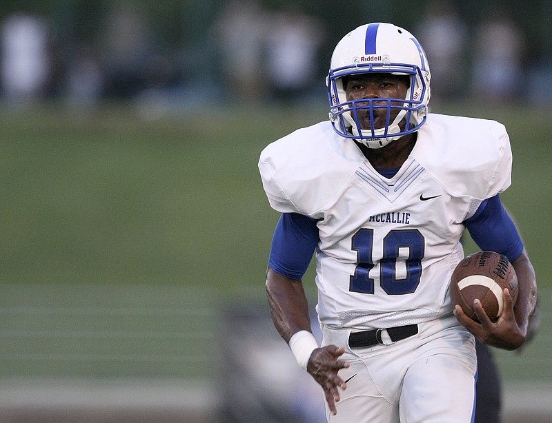 McCallie's Deangelo Hardy (10) carries for a touchdown against Notre Dame during the Kickoff Classic Best of Preps jamboree at Finley Stadium on Friday, Aug. 11, in Chattanooga, Tenn.