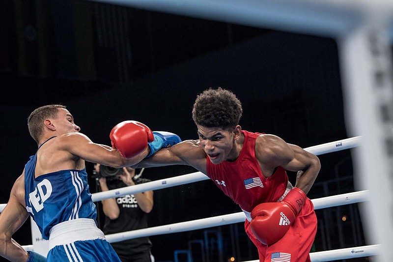 Delante Johnson of the United States elite boxing team, right, competes in the World Championships in August in Germany. The Cleveland, Ohio, resident is in Chattanooga this week as part of the elimination process to be on the national elite team again in 2018.