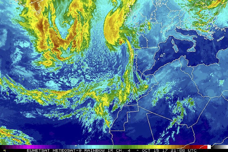 
              This satellite image released by the National Oceanic and Atmospheric Administration shows Hurricane Ophelia, top center, on Sunday, Oct. 15, 2017, at 21:00 UTC. The remnants of Ophelia could bring 80 mile an hour (130 kilometer an hour) wind gusts, disruption and damage to Ireland and Britain as the work week gets underway, weather services said Sunday. (NOAA via AP)
            