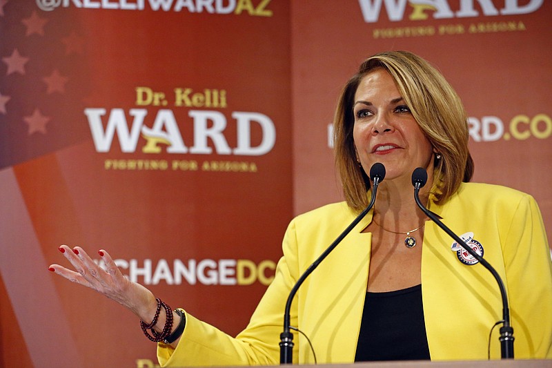 
              FILE - In this Aug. 30, 2016, file photo, former state Sen. Kelli Ward concedes to Sen. John McCain, R-Ariz., during her primary election night party in Scottsdale, Ariz. President Donald Trump’s former chief strategist Steve Bannon is boosting multiple challengers to GOP incumbents and the party’s preferred candidates in next year’s midterm elections (David Kadlubowski/The Arizona Republic via AP)/The Arizona Republic via AP)
            