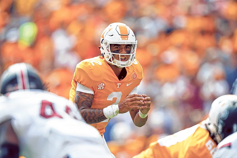 Tennessee quarterback Jarrett Guarantano (2) is seen in the first half of an NCAA college football game against South Carolina Saturday, Oct. 14, 2017, in Knoxville, Tenn. (AP Photo/Wade Payne)