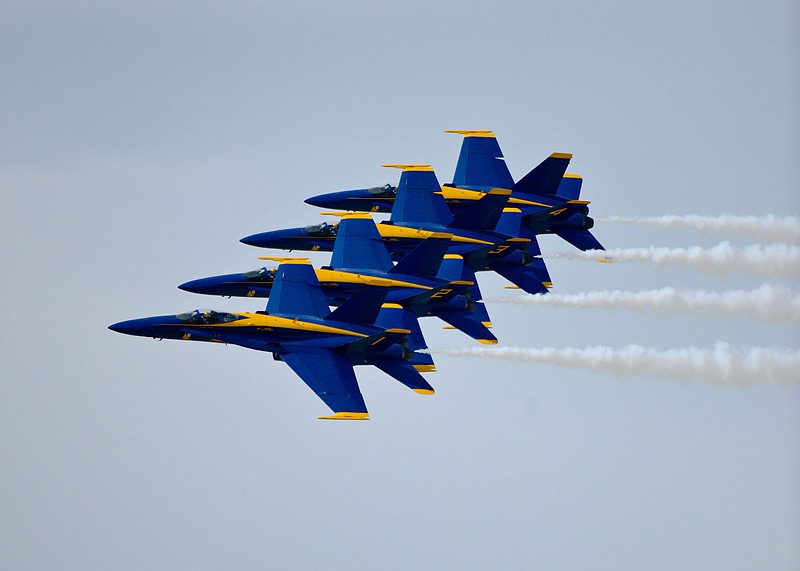 The U.S. Navy Blue Angels in a four-ship echelon.