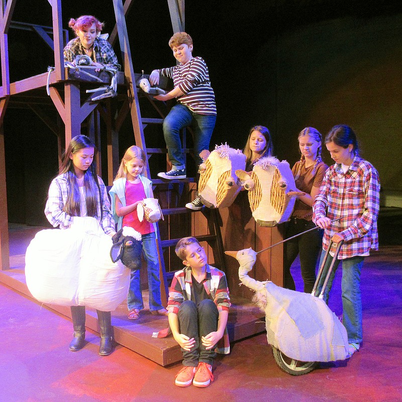The barnyard animals of the Terrific Cast include Charlie Clevenger as Wilbur, seated; Maya Scribner, Mercedes MacDonald, Sarah Davis, Kristin Lowery and Autumn Schulmeister, second row, from left; and Eli Abercrombie as Charlotte and Zachary Huseman as Templeton, top row, from left.