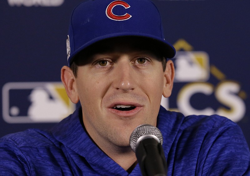 
              Chicago Cubs starting pitcher Kyle Hendricks talks at a news conference, Monday, Oct. 16, 2017, in Chicago. The Chicago Cubs will play Game 3 of baseball's National League Championship Series against the Los Angeles Dodgers on Tuesday. (AP Photo/Nam Y. Huh)
            